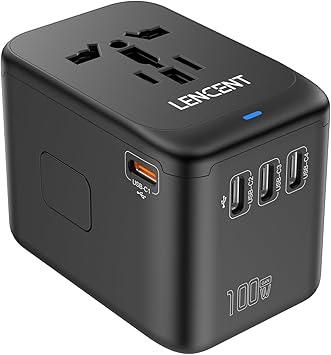 LENCENT 100W Universal Travel Adapter, GaN International Travel Adapter with 1 USB-A & 4 Type C Power Adapter, Fast Charger for Phone,Laptops, Worldwide Plug Adapter for USA/UK/EU/AUS, Black